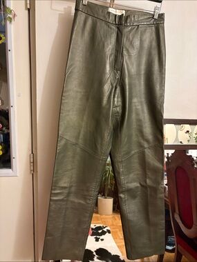 Olive Green Straight-Leg Leather Pants